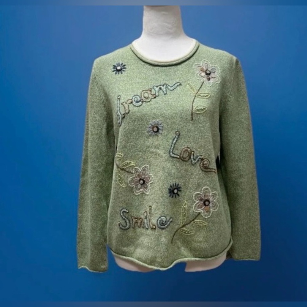 Alfred Dunner Vintage Green Floral Embroidered Crewneck Sweater PL